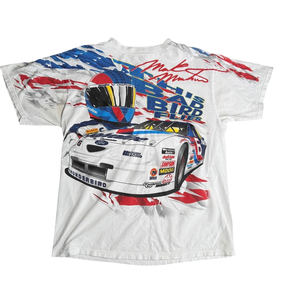 Vintage 1997 NASCAR Mark Martin No Wings No Glory AOP T-shirt XL White 90s